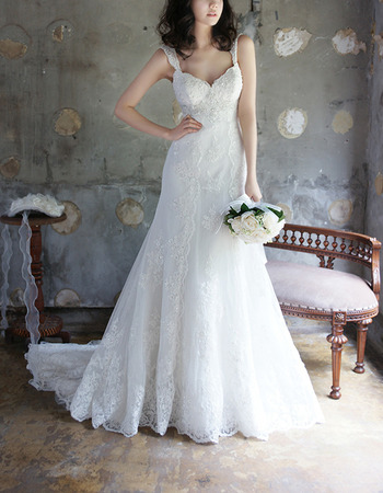 Discount Designer Romantic Sweetheart Sweep Train Wedding Dress with Straps