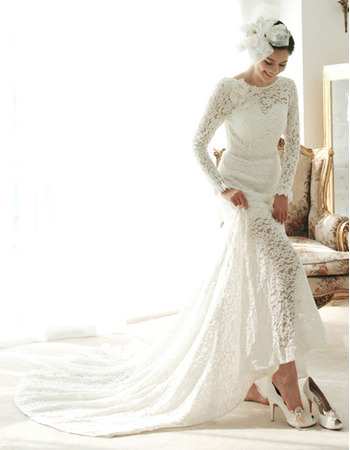 Vogue Court Train Lace Wedding Dress with Long Sleeves