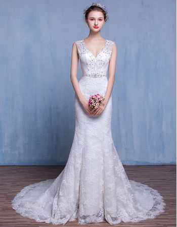 Inexpensive Designer Sheath V-Neck Court Train Lace Wedding Dress/ Gowns