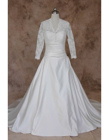 Women's Classic A-Line V-Neck Taffeta Plus Size Wedding Dress with Long Lace Sleeves