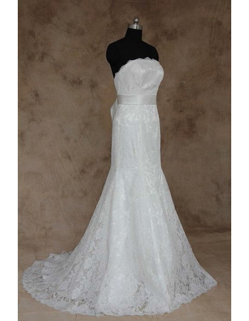 Women's Fashionable Sheath Strapless Long Lace Wedding Dress with Belts