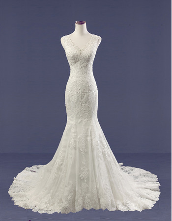 Custom Elegant Sheath V-Neck Sleeveless Court Train Tulle Satin Wedding Dress