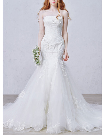 Affordable Luxurious Mermaid Strapless Chapel Train Applique Wedding Dress