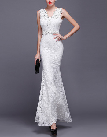 Elegant Sheath V-Neck Sleeveless Floor Length Lace Bridal Wedding Dress