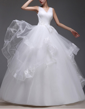 Custom Romantic Ball Gown V-Neck Floor Length Satin Organza Wedding Dress