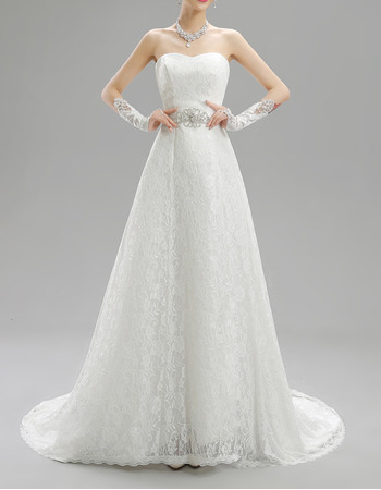 Discount Simple Modern A-Line Sweetheart Sweep Train Lace Wedding Dress