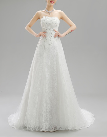 Classic Simple A-Line Strapless Sweep Train Lace Beaded Wedding Dress