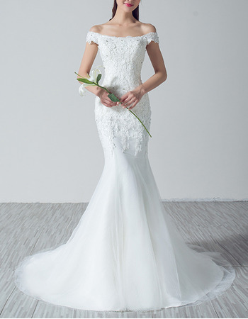 Affordable Elegant Sheath Off-the-shoulder Sweep Train Applique Wedding Dress