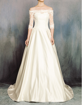 Custom Vintage Off-the-shoulder Satin Wedding Dress with Half Sleeves