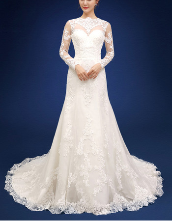 Latest Modern Sheath Long Organza Backless Bridal Wedding Dress with Long Sleeves