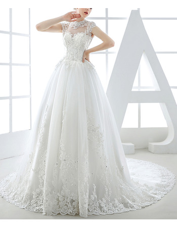 Beautiful Designer Ball Gown Mandarin Collar Chapel Train Organza Wedding Dress