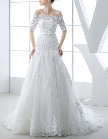 Modern Elegant Off-the-shoulder Organza Wedding Dress with Short Sleeves