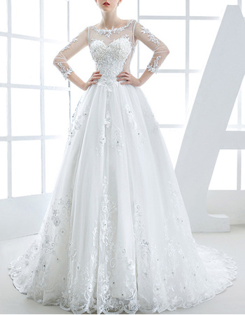 Custom Trendy Chapel Train Organza Applique Wedding Dress with Long Sleeves