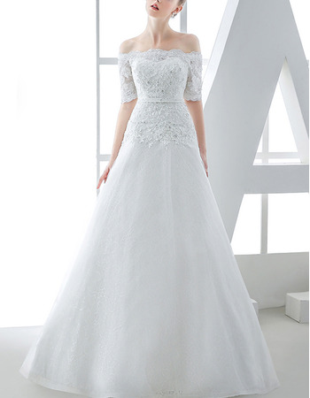 Inexpensive Amazing A-Line Off-the-shoulder Wedding Dress with Short Sleeves