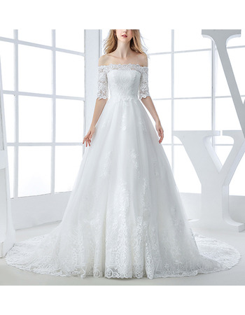 Stunning Off-the-shoulder Organza Wedding Dress with Half Sleeves