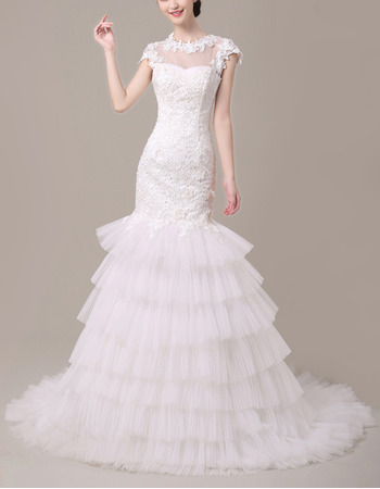 Stunning Mermaid Cap Sleeves Tulle Layered Skirt Wedding Dress