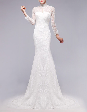 Custom Modest Mermaid Mandarin Collar Lace Wedding Dress with Long Sleeves