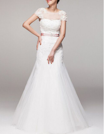 Cheap Classic A-Line Cap Sleeves Floor Length Wedding Dress with Belts