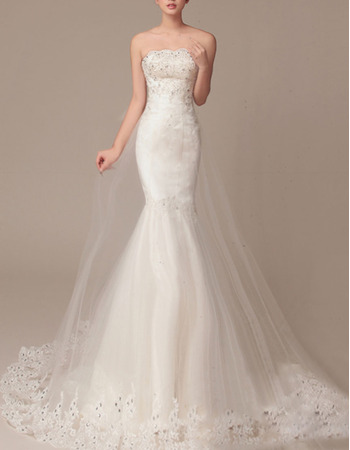 Sexy Mermaid Strapless Sleeveless Sweep Train Organza Wedding Dress