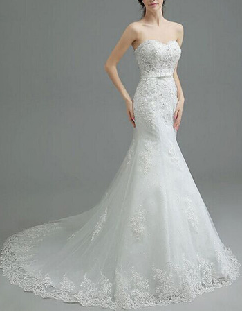 Discount Designer Sheath Sweetheart Court Train Organza Applique Wedding Dress