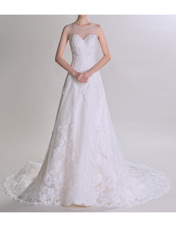 Women's Classic Sweetheart Sheer Neckline Court Train Tulle Wedding Dress