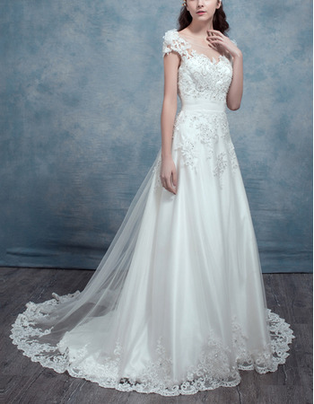 Women's Discount V-Neck Floor Length Backless Wedding Dress with Short Sleeves