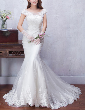 Timeless Elegant Sheath Cap Sleeves Sweep Train Satin Tulle Wedding Dress