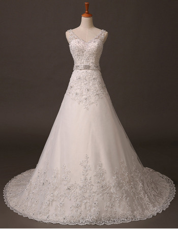 Stylish A-Line V-Neck Long Wedding Dress with Applique and Beads