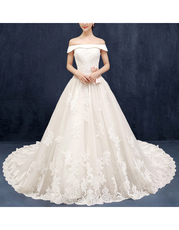 Luxurious A-Line Off-the-shoulder Chapel Train Organza Wedding Dress