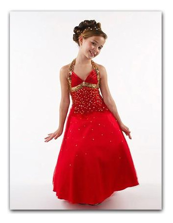 Affordable Beautiful Halter Ankle Length Red Satin Beaded Easter/ Flower Girl Dress