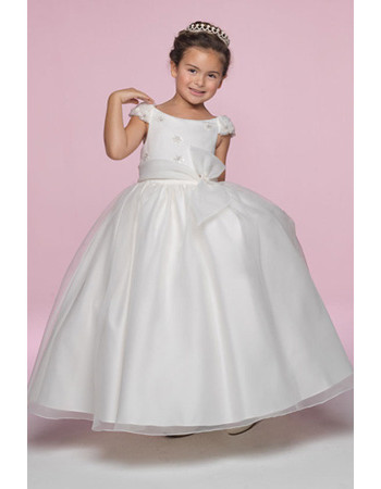 Princess Ball Gown Round Embroidery Ankle Length Full lined First Communion Dress with Cap Sleeves