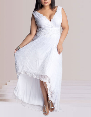 Custom Elegant A-line V-Neck Asymmetric High-Low Lace Plus Size Wedding Dress