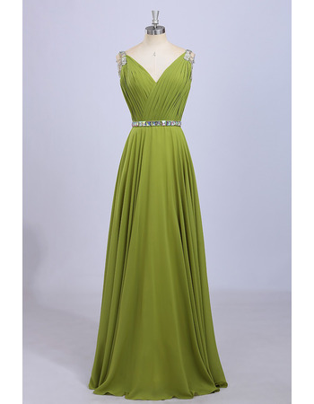 Inexpensive V-Neck Long Chiffon Pleated Bodice Evening Dress