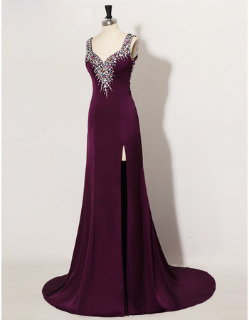 Sexy Sheath Sweetheart Satin Rhinestone Side-Vent Long Evening Dress