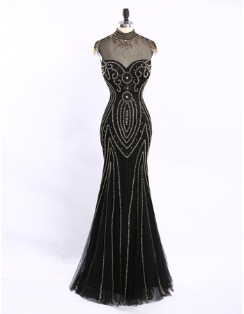 Custom Beautiful Sheath Sweetheart Long Tulle Black Beading Formal Evening Dress