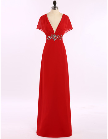 Sexy V-Neck Long Red Chiffon Prom Evening Dress with Cap Sleeves