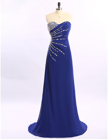 Elegant Sweetheart Sweep Train Long Blue Chiffon Rhinestone Formal Evening Dress