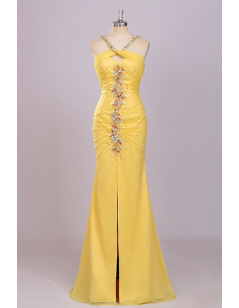 Sexy Sheath Halter Long Chiffon Backless Prom Evening Dress