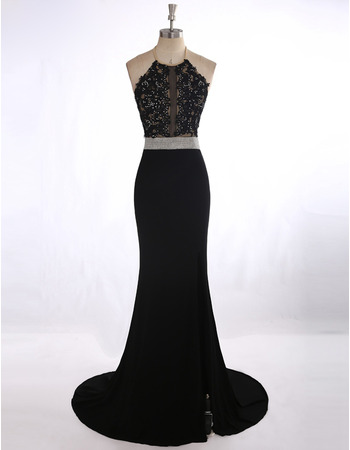 Affordable Sexy Sheath Halter Sweep Train Applique Black Prom Evening Dress