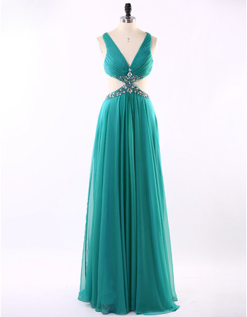 Inexpensive Sexy V-Neck Floor Length Chiffon Prom Evening Dress