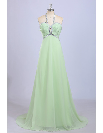 Inexpensive Halter Sleeveless Sweep Train Chiffon Evening Dress