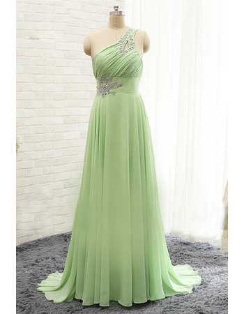 Classic One Shoulder Sleeveless Sweep Train Long Chiffon Evening Dress