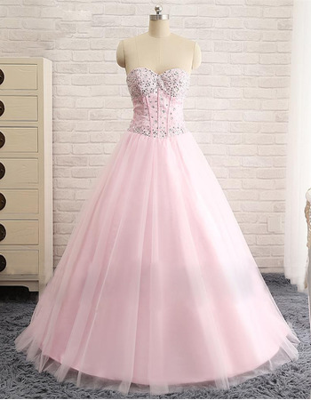 Classic A-Line Sweetheart Floor Length Pink Satin Tulle Evening Dress