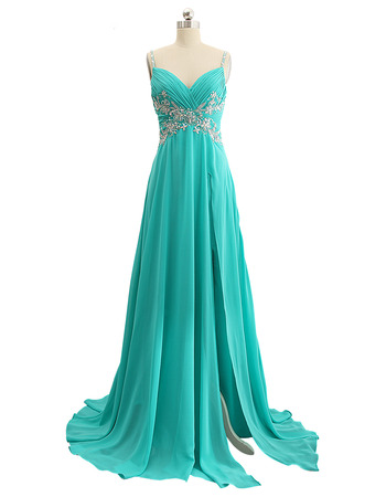 Elegant Sweetheart Long Chiffon Prom Evening Dress with Spaghetti Straps