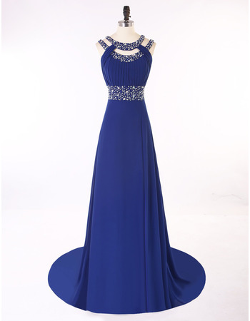 Elegant Round Neck Sleeveless Sweep Train Blue Chiffon Prom Evening Dress
