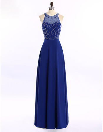 Cheap Classy Round Sleeveless Blue Long Chiffon Prom Evening Dress