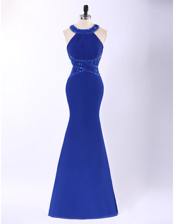 Women's Sexy Sheath Sleeveless Long Blue Chiffon Backless Prom Evening Dress