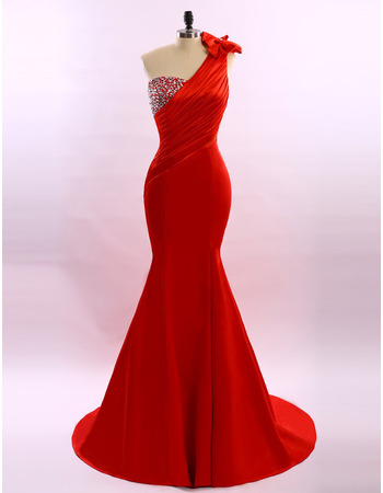 Women's Sheath One Shoulder Sweep Train Satin Red Formal Evening Dress