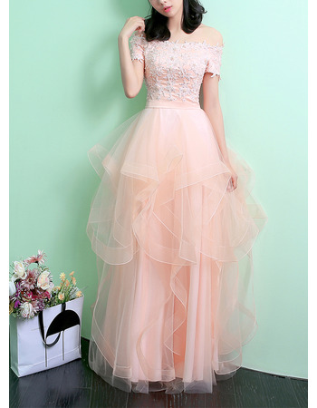 Women's Beautiful Off-the-shoulder Short Sleeves Organza Skirt Evening Dress