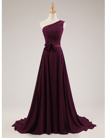 Elegant One Shoulder Sweep Train Chiffon Formal Evening Dress with Belts